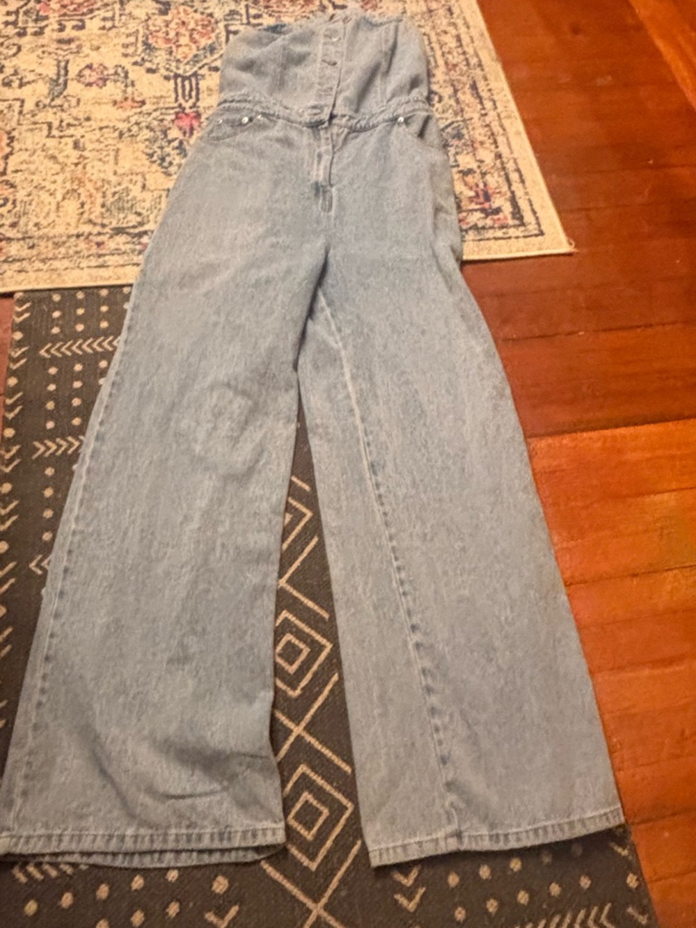 Light Wash Denim Wide Leg Jumpsuit Strapless Romper Size Large